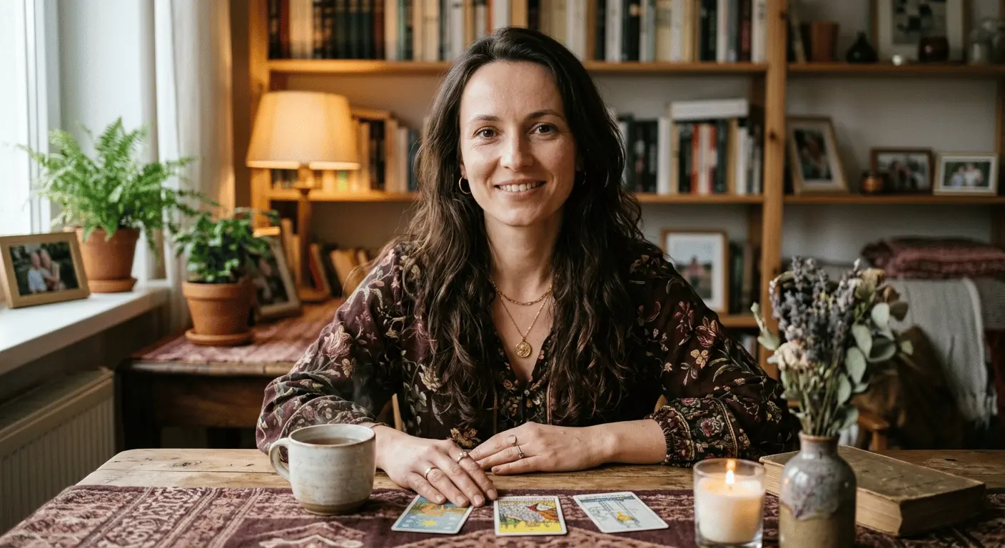 Portret Wróżki Melisy — ciepłe światło, drewniany stół, karty tarota i filiżanka herbaty